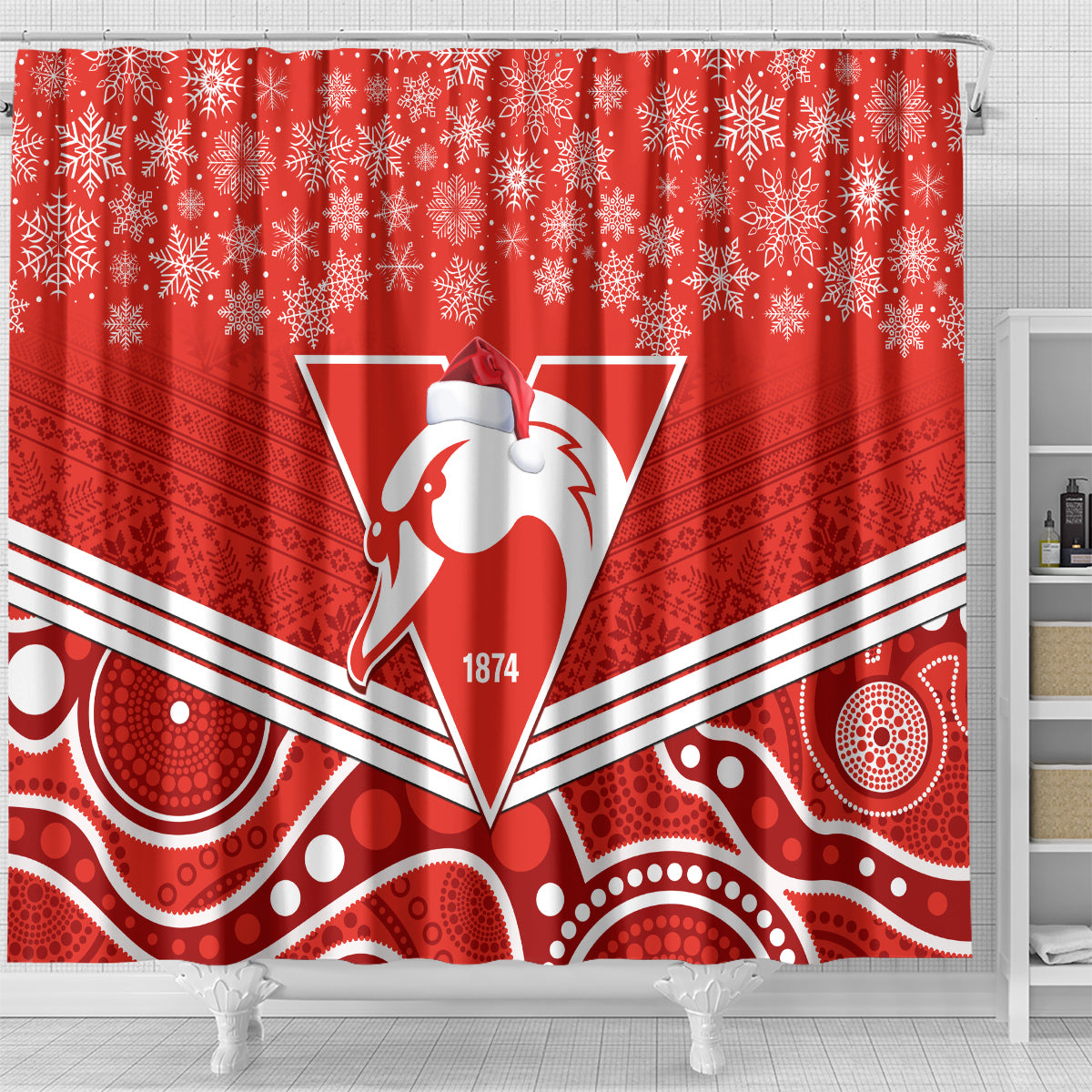 personalised-swans-football-christmas-shower-curtain-merry-xmas-2023-mix-aboriginal-art