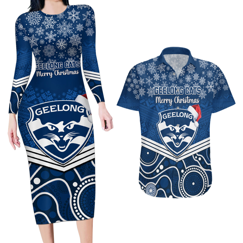 custom-geelong-football-christmas-couples-matching-long-sleeve-bodycon-dress-and-hawaiian-shirt-merry-xmas-2023-mix-aboriginal-art