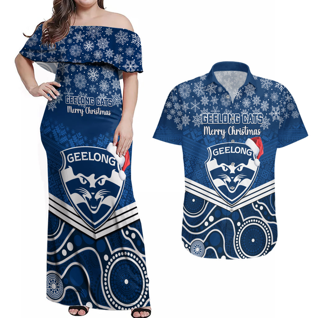 custom-geelong-football-christmas-couples-matching-off-shoulder-maxi-dress-and-hawaiian-shirt-merry-xmas-2023-mix-aboriginal-art