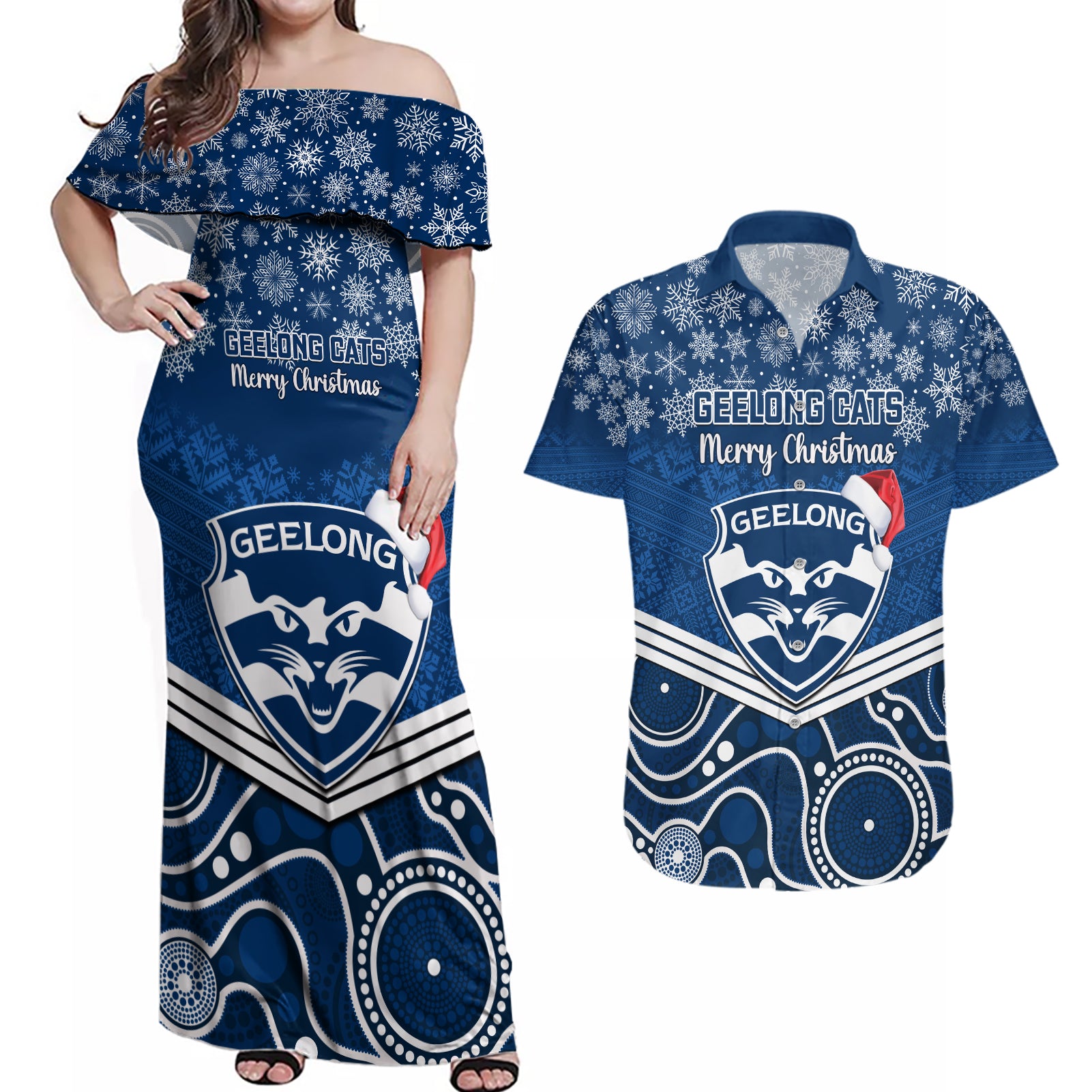 custom-geelong-football-christmas-couples-matching-off-shoulder-maxi-dress-and-hawaiian-shirt-merry-xmas-2023-mix-aboriginal-art