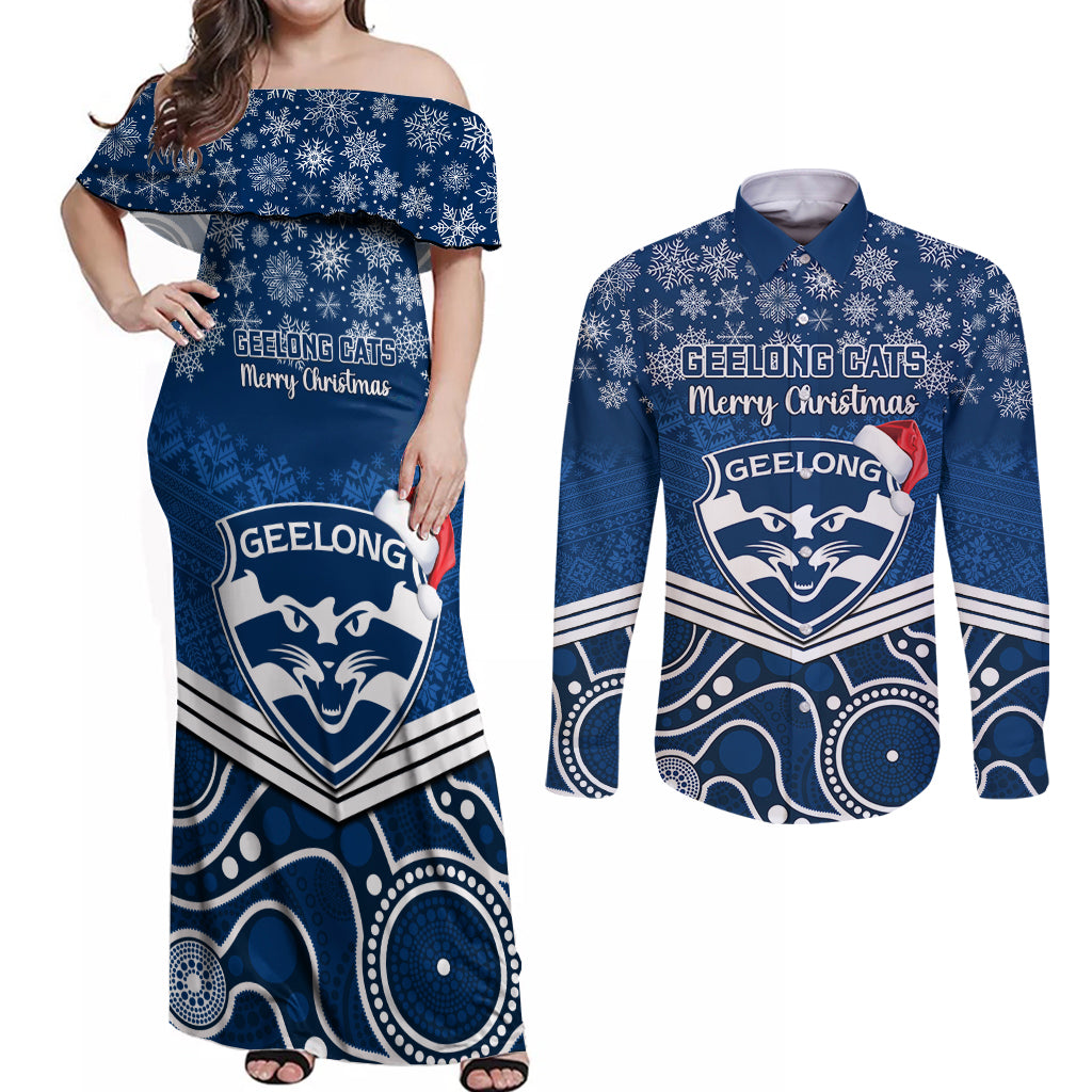 custom-geelong-football-christmas-couples-matching-off-shoulder-maxi-dress-and-long-sleeve-button-shirt-merry-xmas-2023-mix-aboriginal-art