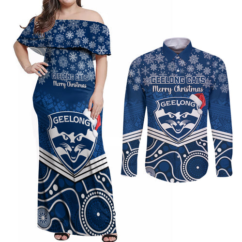 custom-geelong-football-christmas-couples-matching-off-shoulder-maxi-dress-and-long-sleeve-button-shirt-merry-xmas-2023-mix-aboriginal-art
