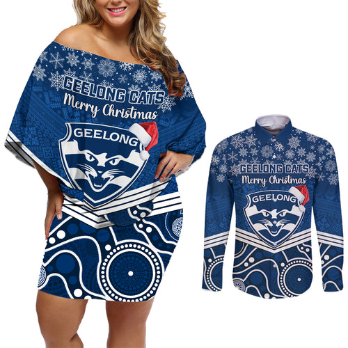 custom-geelong-football-christmas-couples-matching-off-shoulder-short-dress-and-long-sleeve-button-shirt-merry-xmas-2023-mix-aboriginal-art