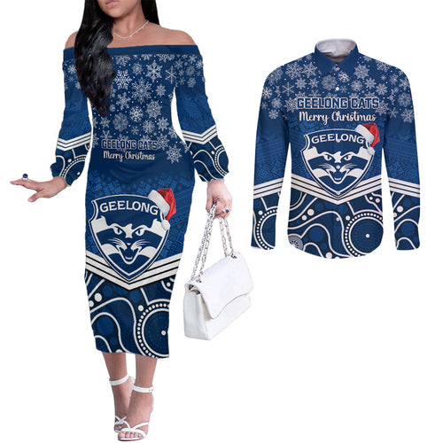 custom-geelong-football-christmas-couples-matching-off-the-shoulder-long-sleeve-dress-and-long-sleeve-button-shirt-merry-xmas-2023-mix-aboriginal-art