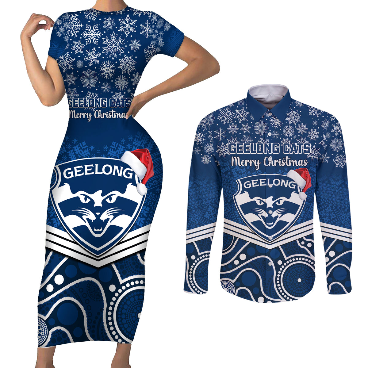 custom-geelong-football-christmas-couples-matching-short-sleeve-bodycon-dress-and-long-sleeve-button-shirt-merry-xmas-2023-mix-aboriginal-art