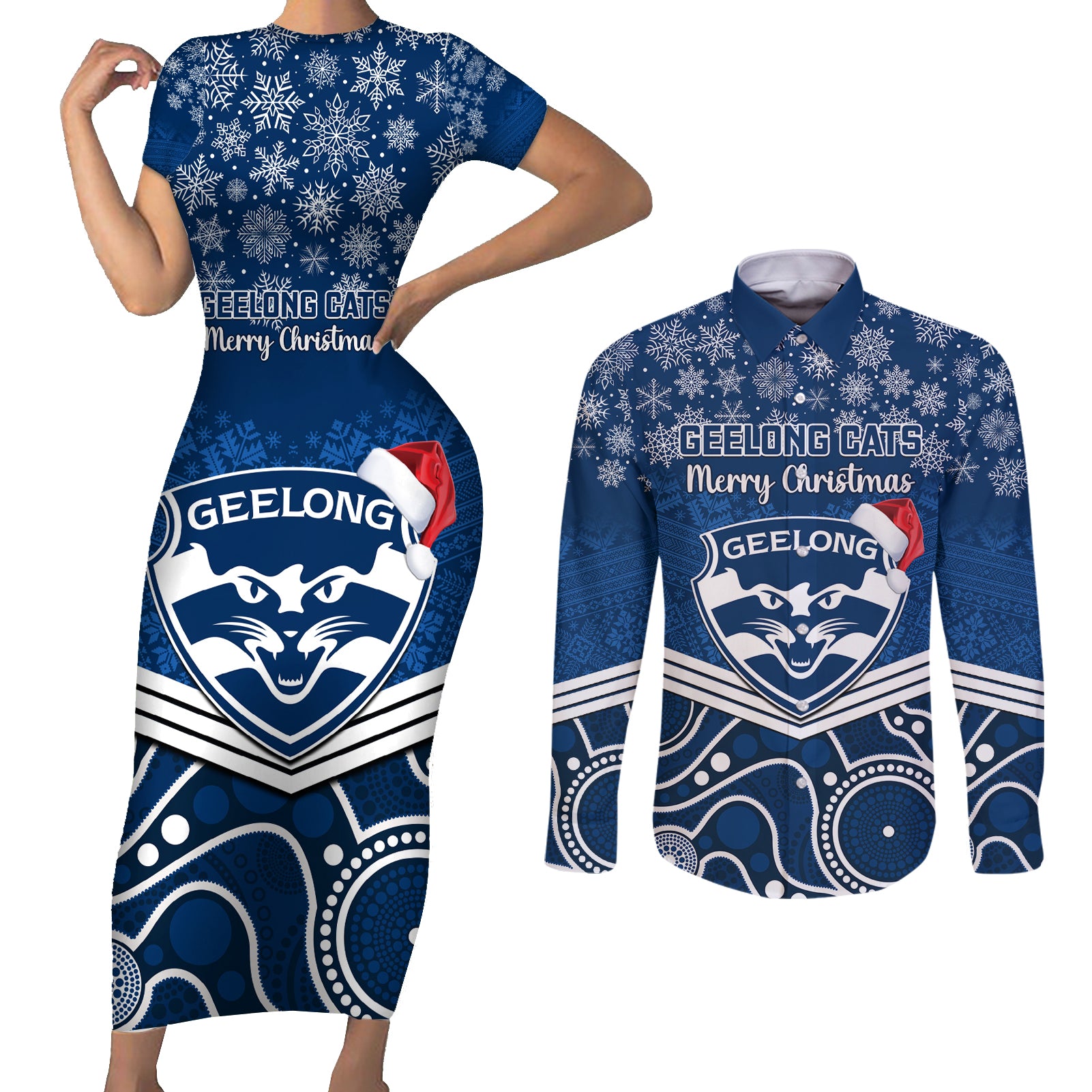 custom-geelong-football-christmas-couples-matching-short-sleeve-bodycon-dress-and-long-sleeve-button-shirt-merry-xmas-2023-mix-aboriginal-art