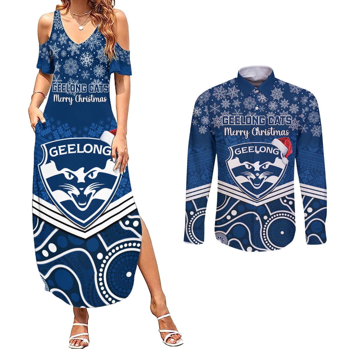custom-geelong-football-christmas-couples-matching-summer-maxi-dress-and-long-sleeve-button-shirt-merry-xmas-2023-mix-aboriginal-art