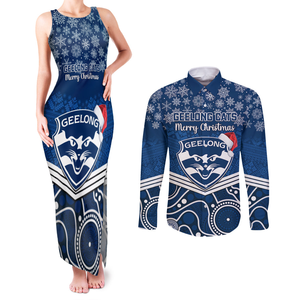 custom-geelong-football-christmas-couples-matching-tank-maxi-dress-and-long-sleeve-button-shirt-merry-xmas-2023-mix-aboriginal-art
