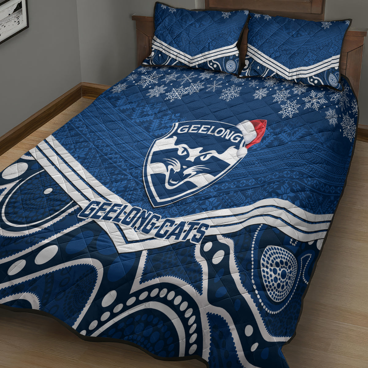 custom-geelong-football-christmas-quilt-bed-set-merry-xmas-2023-mix-aboriginal-art