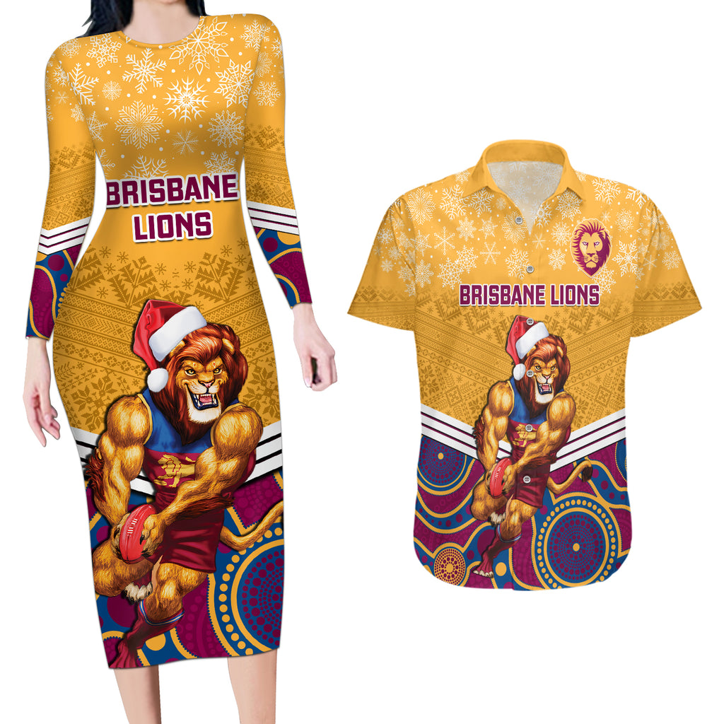custom-brisbane-lions-football-christmas-couples-matching-long-sleeve-bodycon-dress-and-hawaiian-shirt-merry-xmas-2023-mix-aboriginal-art