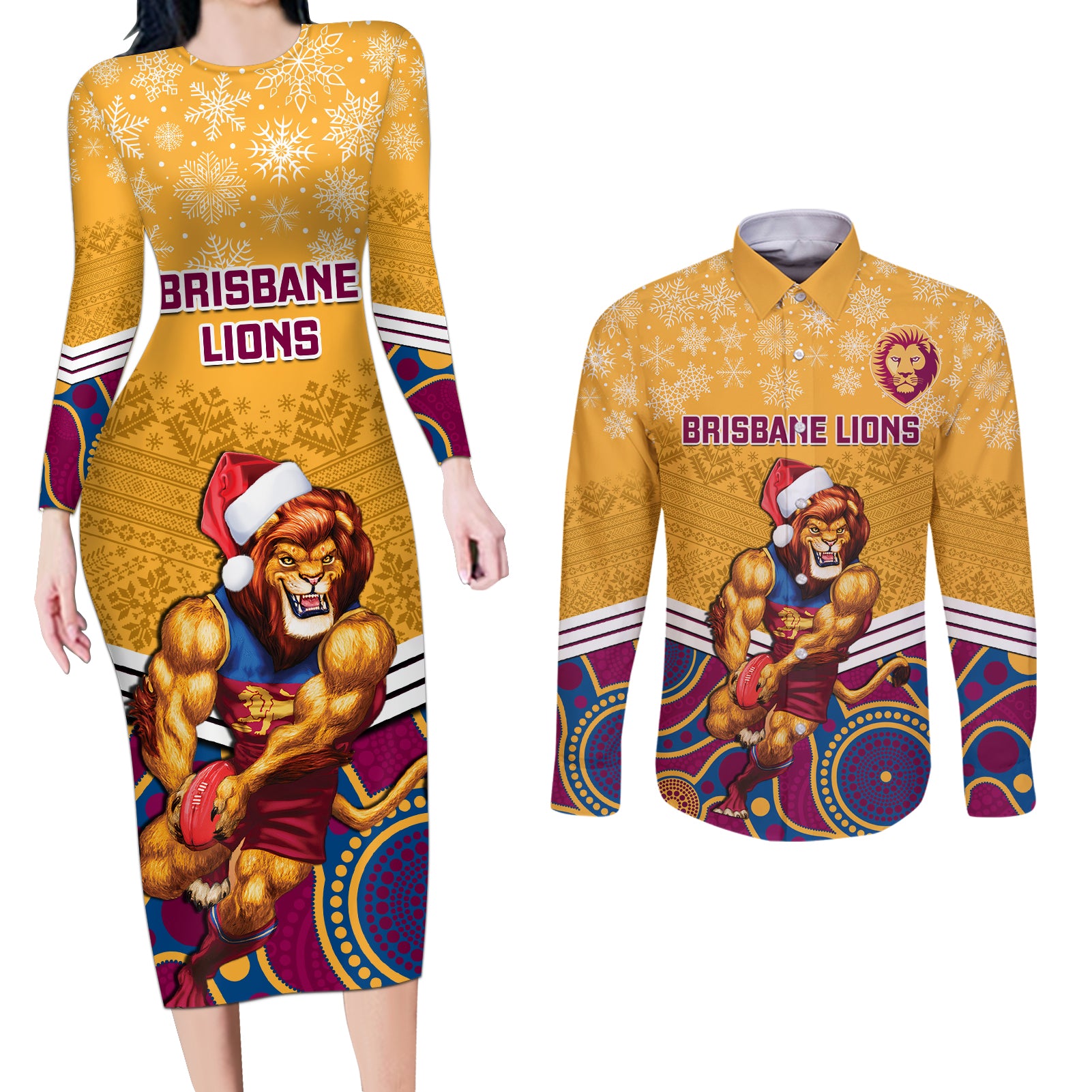 custom-brisbane-lions-football-christmas-couples-matching-long-sleeve-bodycon-dress-and-long-sleeve-button-shirt-merry-xmas-2023-mix-aboriginal-art