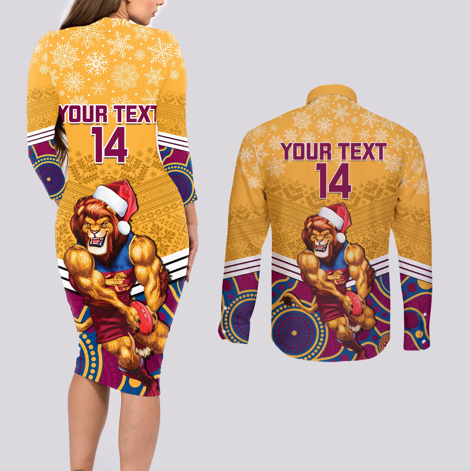 custom-brisbane-lions-football-christmas-couples-matching-long-sleeve-bodycon-dress-and-long-sleeve-button-shirt-merry-xmas-2023-mix-aboriginal-art
