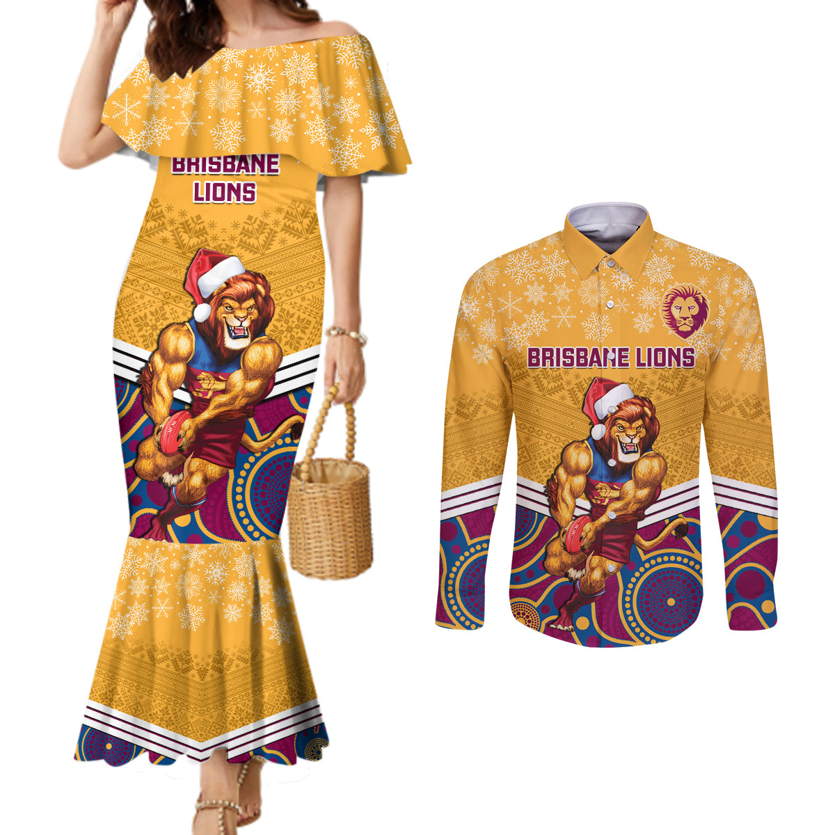 custom-brisbane-lions-football-christmas-couples-matching-mermaid-dress-and-long-sleeve-button-shirt-merry-xmas-2023-mix-aboriginal-art