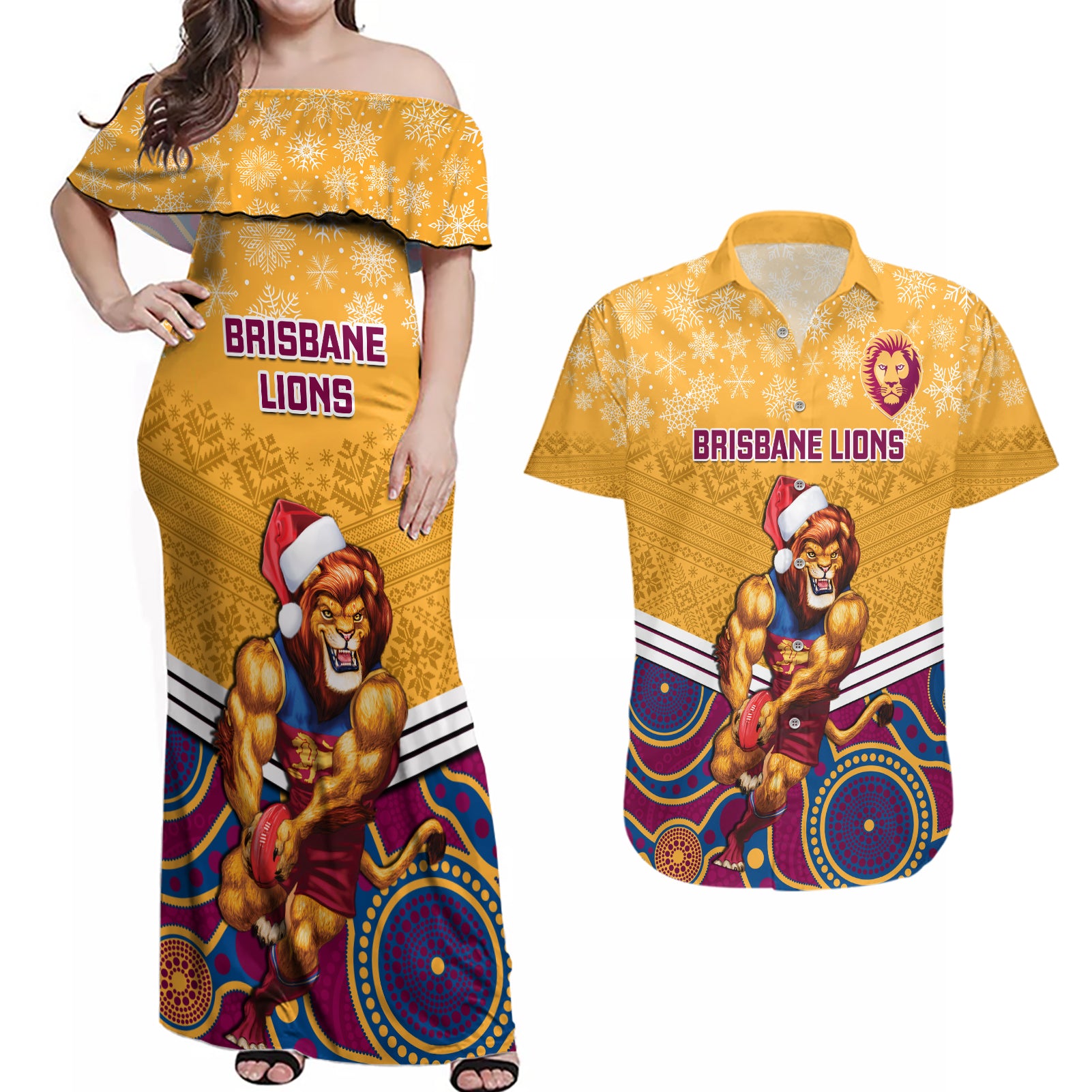 custom-brisbane-lions-football-christmas-couples-matching-off-shoulder-maxi-dress-and-hawaiian-shirt-merry-xmas-2023-mix-aboriginal-art