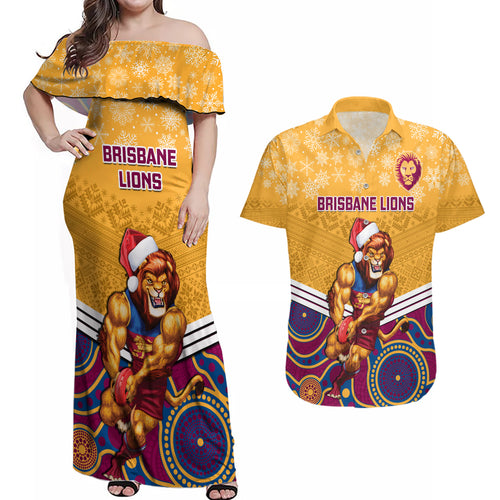 custom-brisbane-lions-football-christmas-couples-matching-off-shoulder-maxi-dress-and-hawaiian-shirt-merry-xmas-2023-mix-aboriginal-art