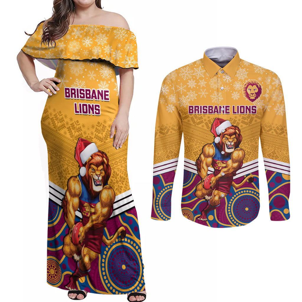 custom-brisbane-lions-football-christmas-couples-matching-off-shoulder-maxi-dress-and-long-sleeve-button-shirt-merry-xmas-2023-mix-aboriginal-art
