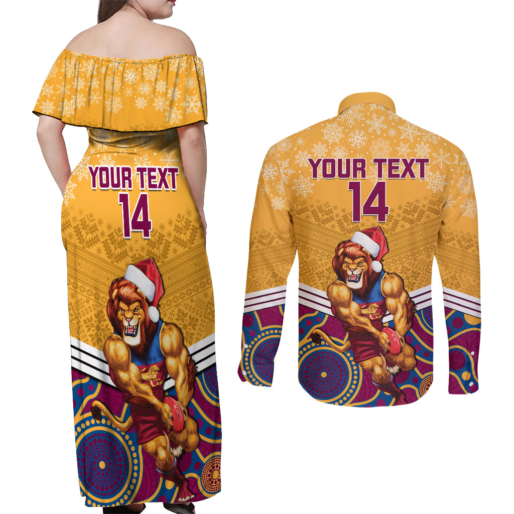 custom-brisbane-lions-football-christmas-couples-matching-off-shoulder-maxi-dress-and-long-sleeve-button-shirt-merry-xmas-2023-mix-aboriginal-art