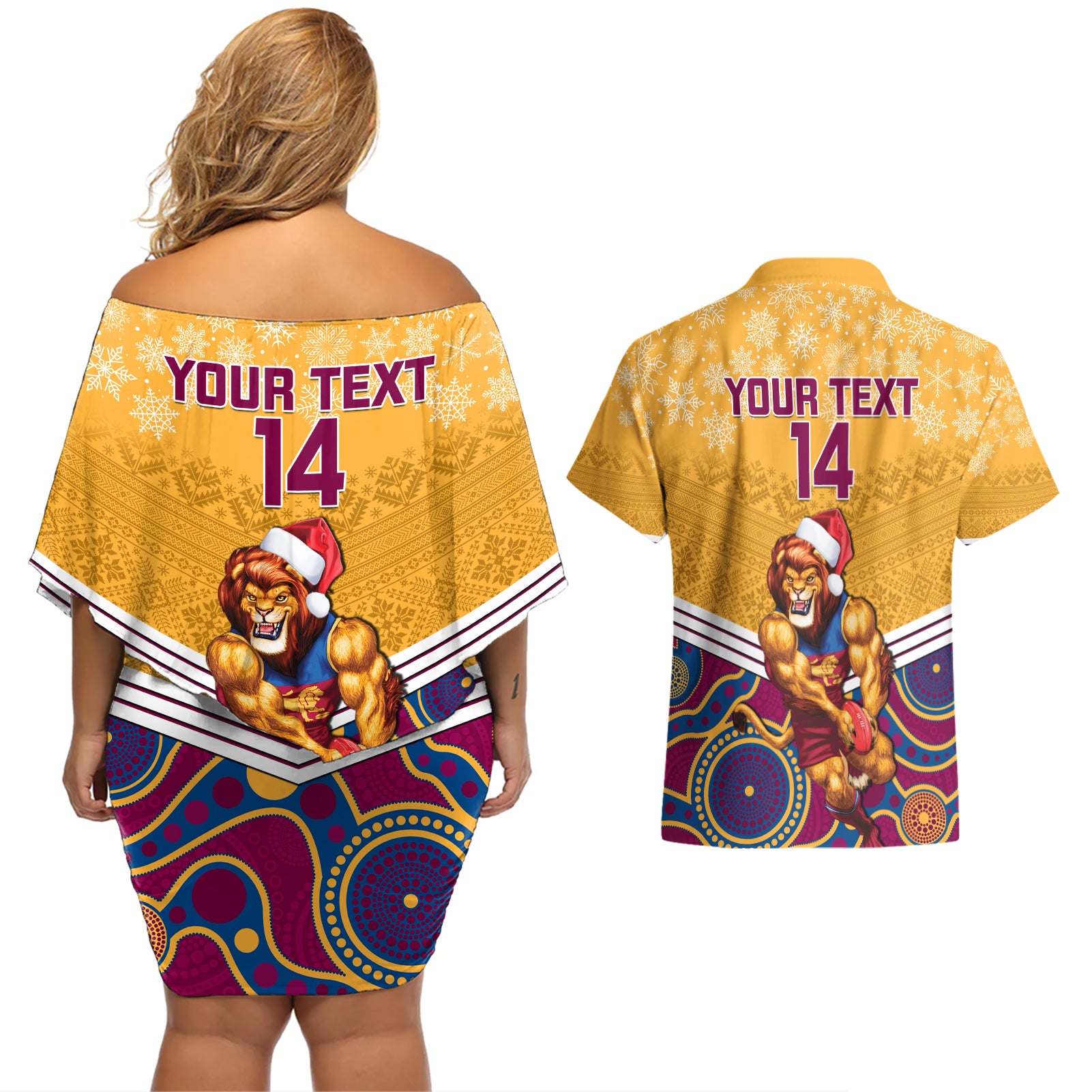 custom-brisbane-lions-football-christmas-couples-matching-off-shoulder-short-dress-and-hawaiian-shirt-merry-xmas-2023-mix-aboriginal-art