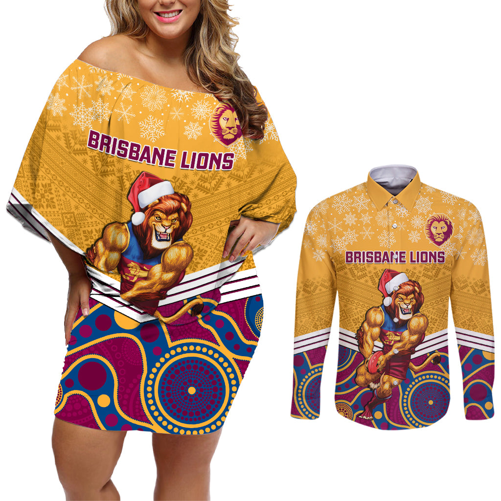 custom-brisbane-lions-football-christmas-couples-matching-off-shoulder-short-dress-and-long-sleeve-button-shirt-merry-xmas-2023-mix-aboriginal-art