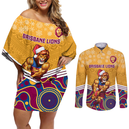 custom-brisbane-lions-football-christmas-couples-matching-off-shoulder-short-dress-and-long-sleeve-button-shirt-merry-xmas-2023-mix-aboriginal-art