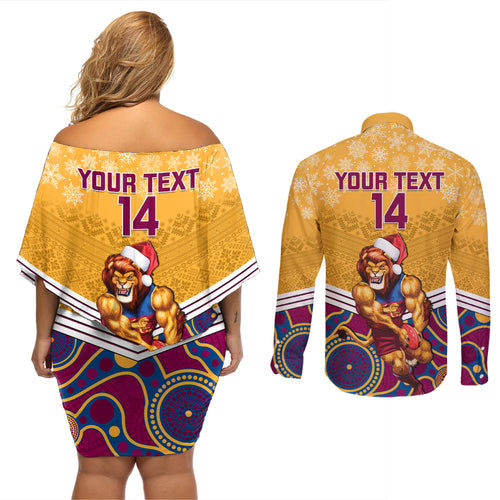 custom-brisbane-lions-football-christmas-couples-matching-off-shoulder-short-dress-and-long-sleeve-button-shirt-merry-xmas-2023-mix-aboriginal-art