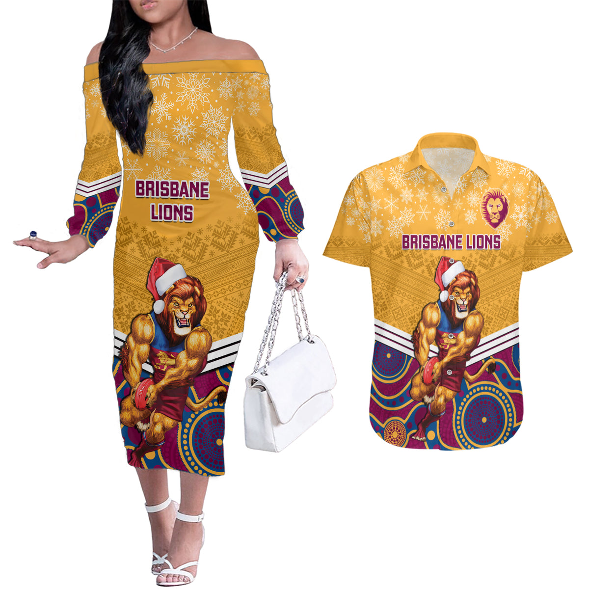 custom-brisbane-lions-football-christmas-couples-matching-off-the-shoulder-long-sleeve-dress-and-hawaiian-shirt-merry-xmas-2023-mix-aboriginal-art