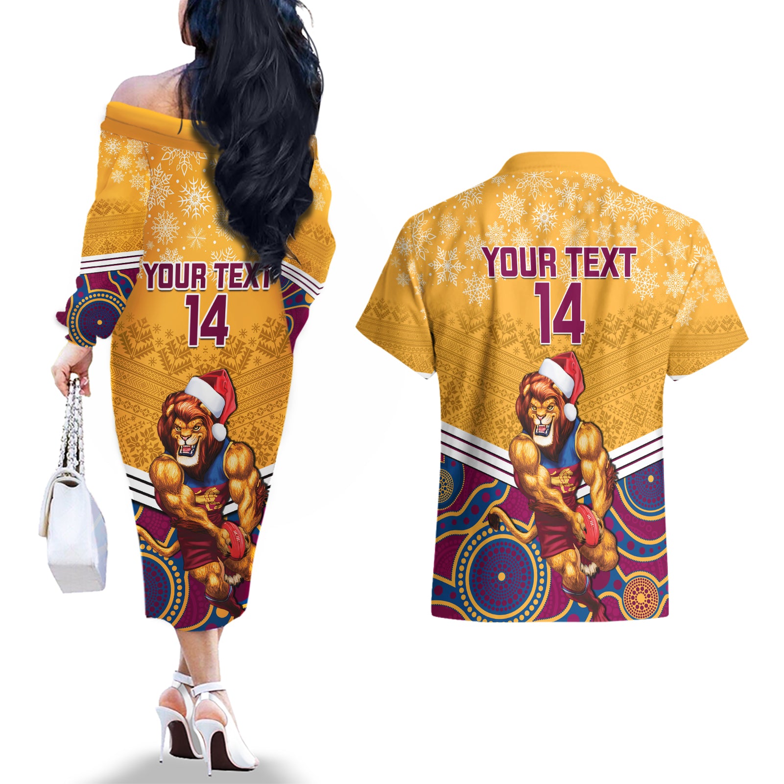 custom-brisbane-lions-football-christmas-couples-matching-off-the-shoulder-long-sleeve-dress-and-hawaiian-shirt-merry-xmas-2023-mix-aboriginal-art