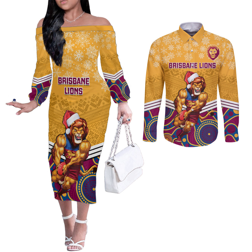 custom-brisbane-lions-football-christmas-couples-matching-off-the-shoulder-long-sleeve-dress-and-long-sleeve-button-shirt-merry-xmas-2023-mix-aboriginal-art