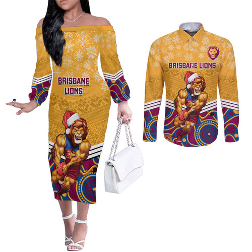 custom-brisbane-lions-football-christmas-couples-matching-off-the-shoulder-long-sleeve-dress-and-long-sleeve-button-shirt-merry-xmas-2023-mix-aboriginal-art