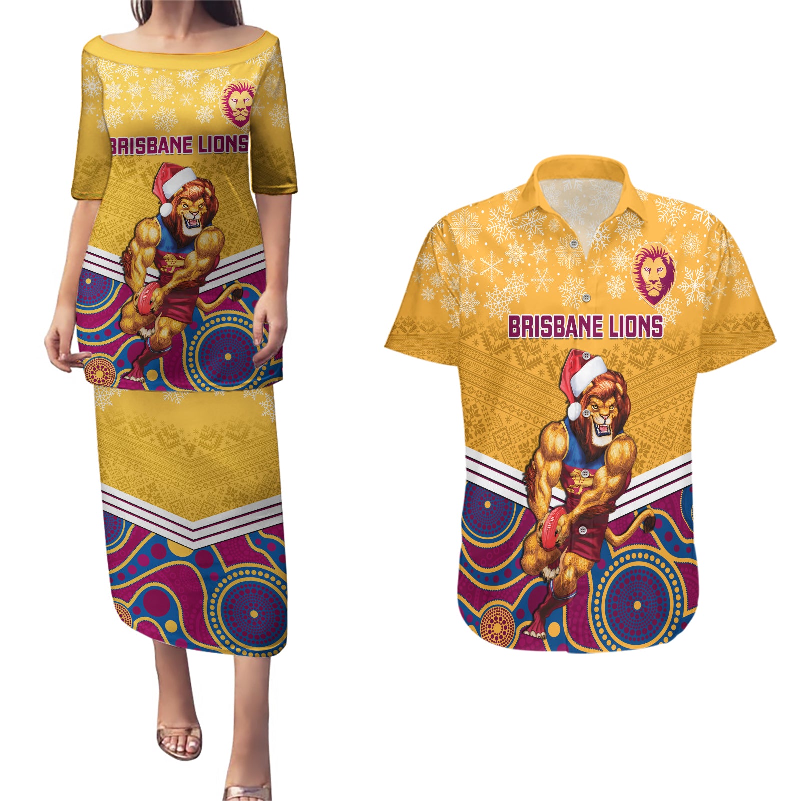 custom-brisbane-lions-football-christmas-couples-matching-puletasi-dress-and-hawaiian-shirt-merry-xmas-2023-mix-aboriginal-art