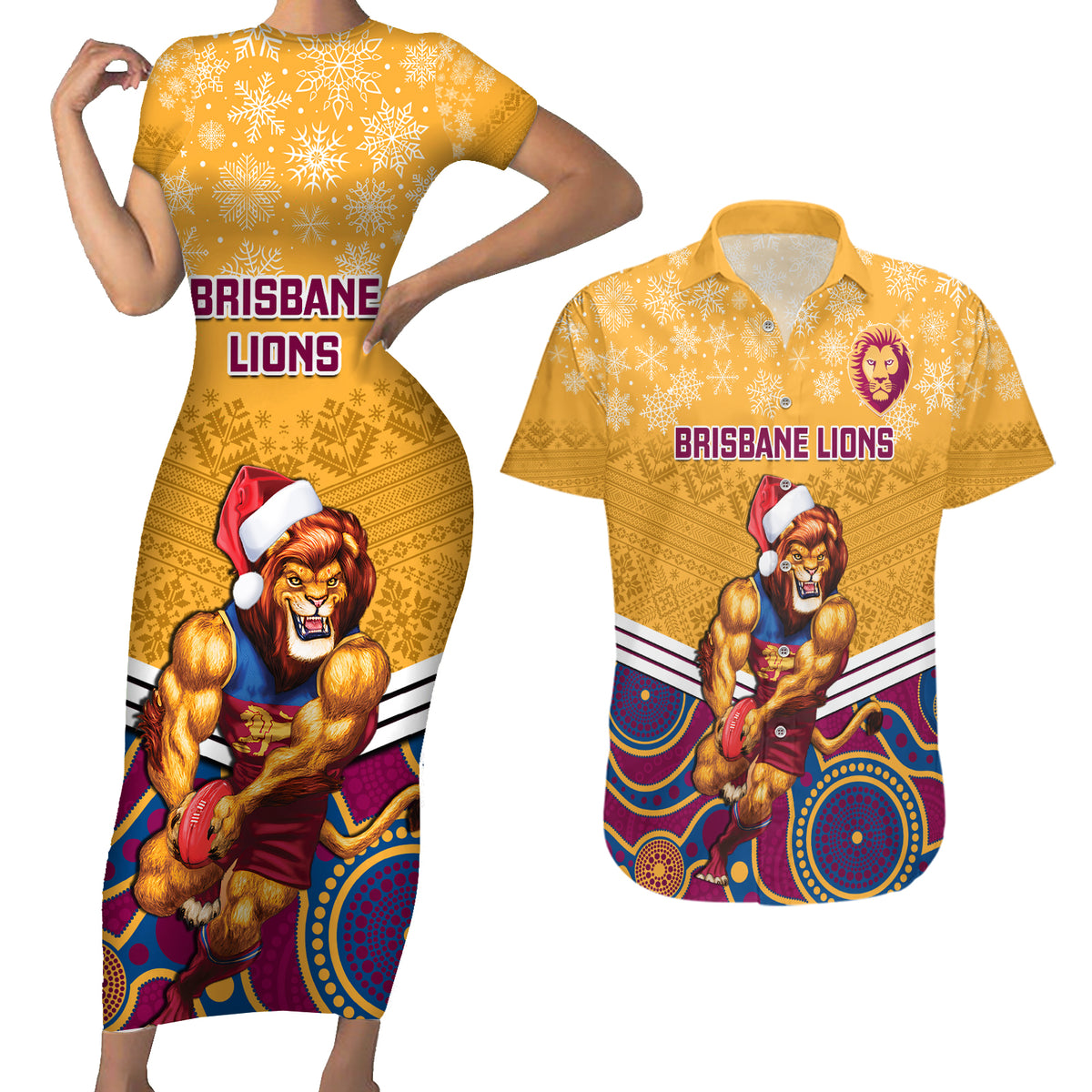 custom-brisbane-lions-football-christmas-couples-matching-short-sleeve-bodycon-dress-and-hawaiian-shirt-merry-xmas-2023-mix-aboriginal-art