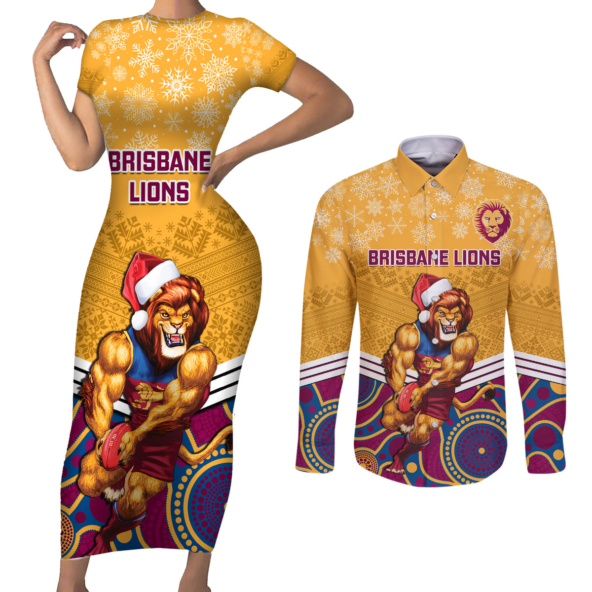 custom-brisbane-lions-football-christmas-couples-matching-short-sleeve-bodycon-dress-and-long-sleeve-button-shirt-merry-xmas-2023-mix-aboriginal-art