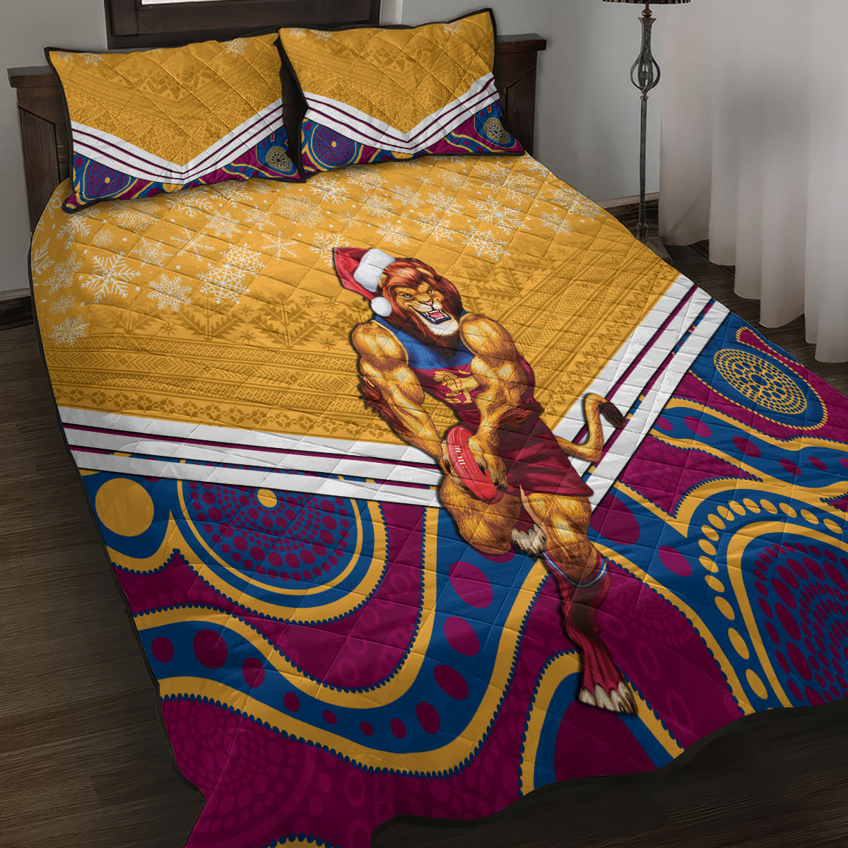 custom-brisbane-lions-football-christmas-quilt-bed-set-merry-xmas-2023-mix-aboriginal-art