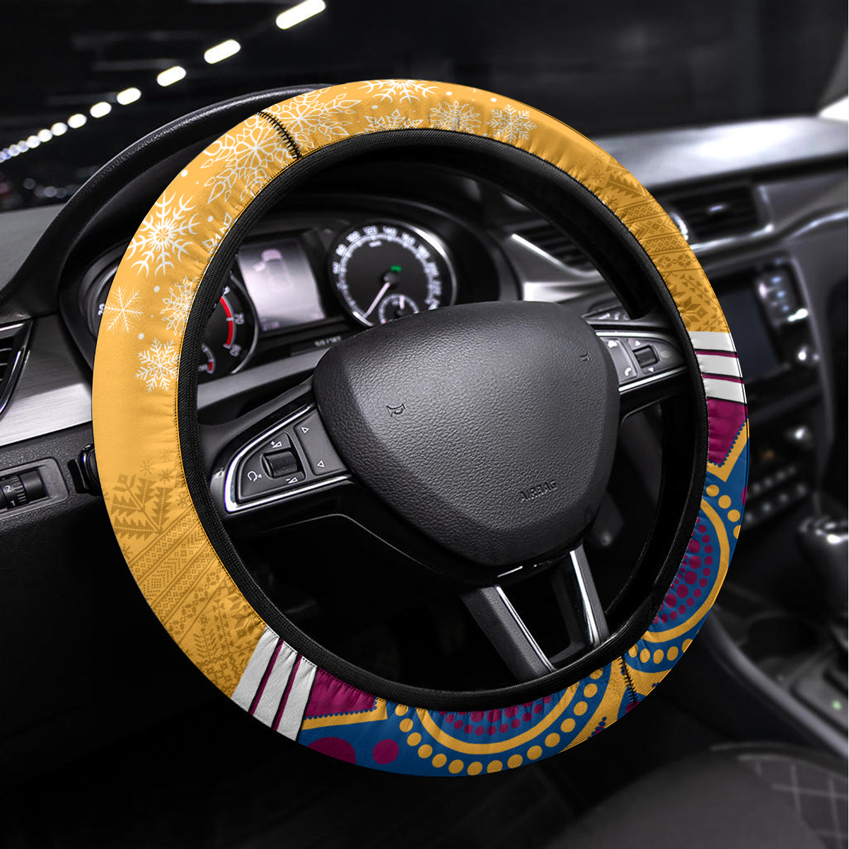 Brisbane Lions Football Christmas Steering Wheel Cover Merry Xmas 2023 Mix Aboriginal Art