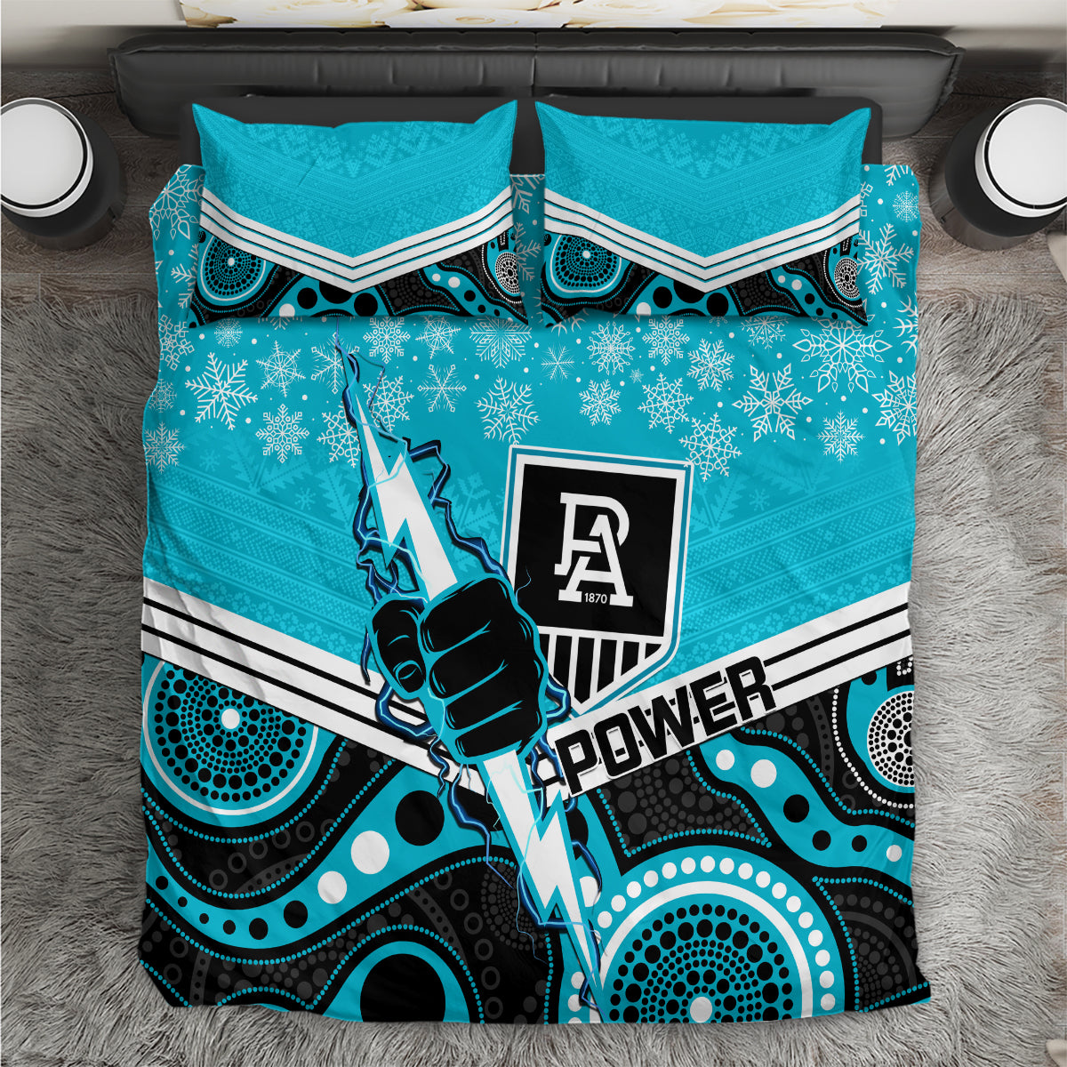 custom-port-adelaide-football-christmas-bedding-set-merry-xmas-2023-mix-aboriginal-art