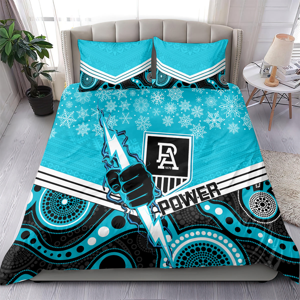 custom-port-adelaide-football-christmas-bedding-set-merry-xmas-2023-mix-aboriginal-art