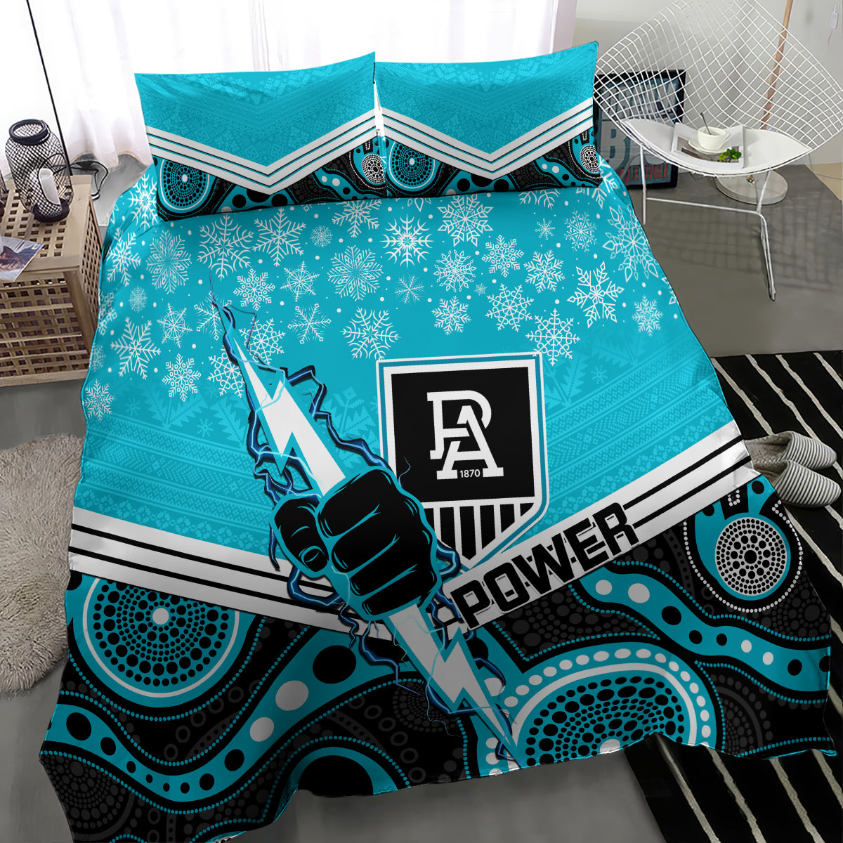 custom-port-adelaide-football-christmas-bedding-set-merry-xmas-2023-mix-aboriginal-art