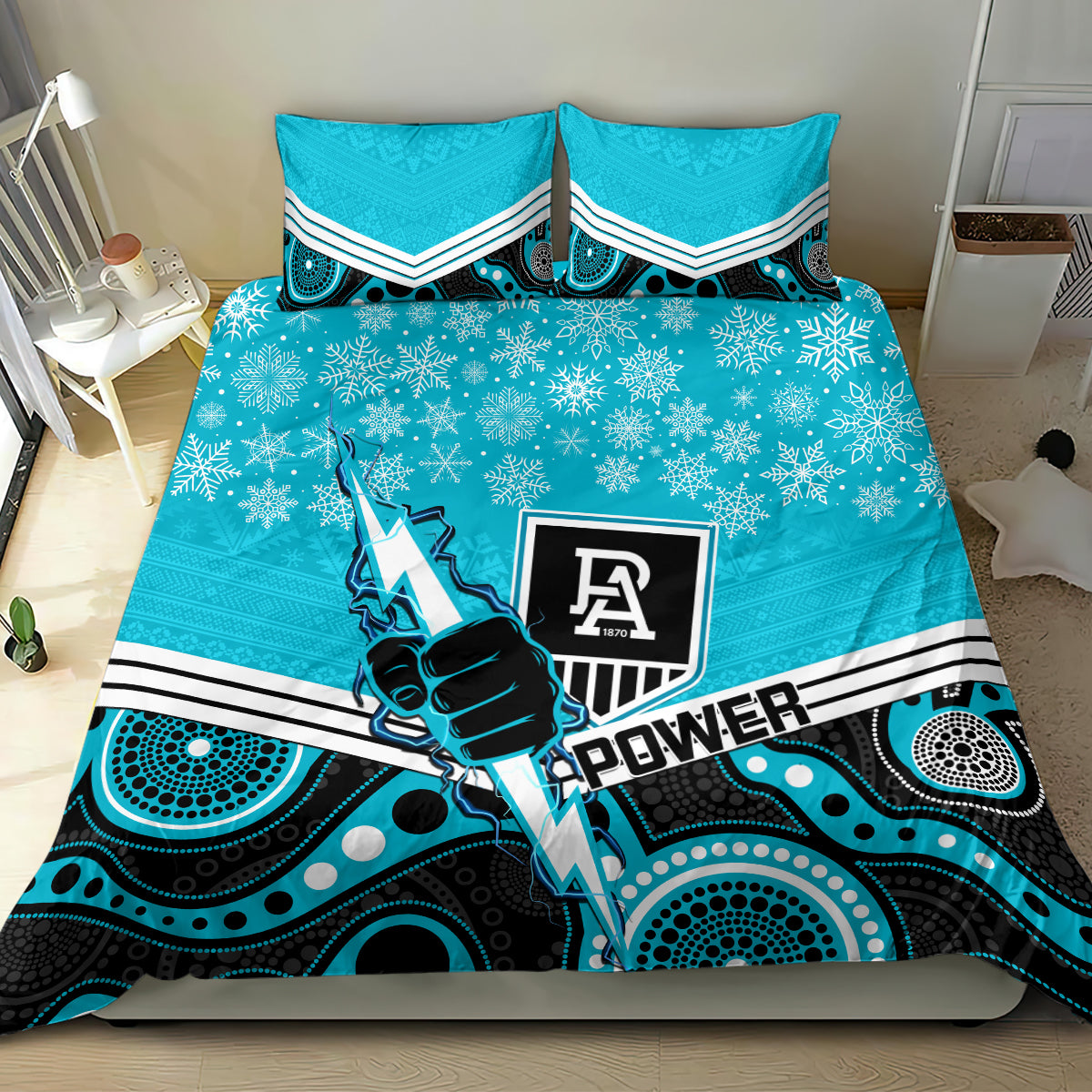 custom-port-adelaide-football-christmas-bedding-set-merry-xmas-2023-mix-aboriginal-art