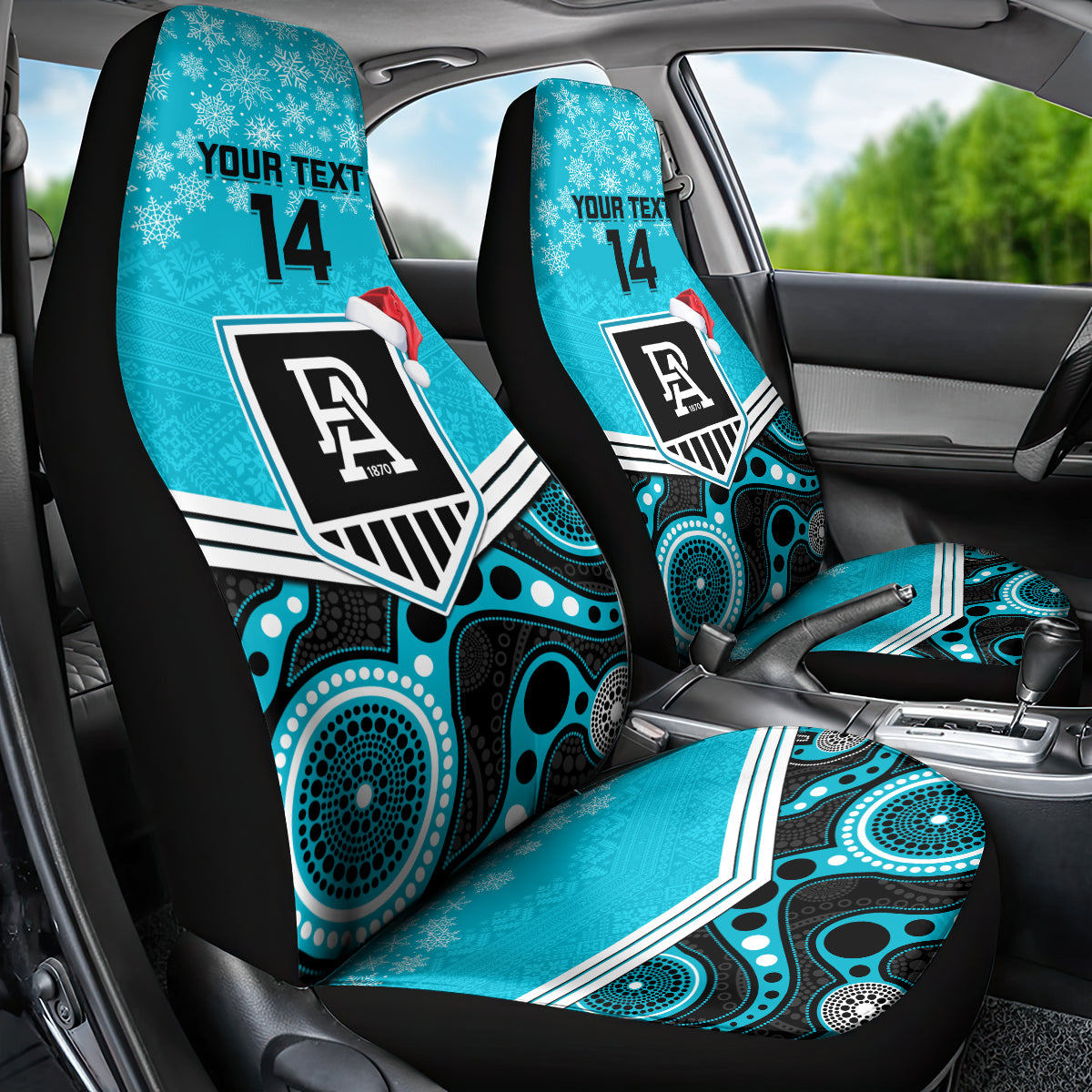 custom-port-adelaide-football-christmas-car-seat-cover-merry-xmas-2023-mix-aboriginal-art