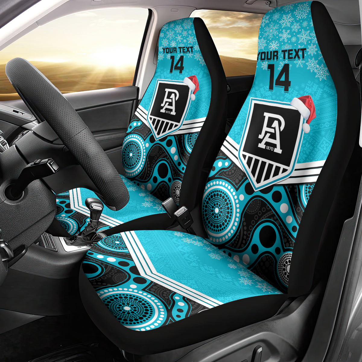 custom-port-adelaide-football-christmas-car-seat-cover-merry-xmas-2023-mix-aboriginal-art