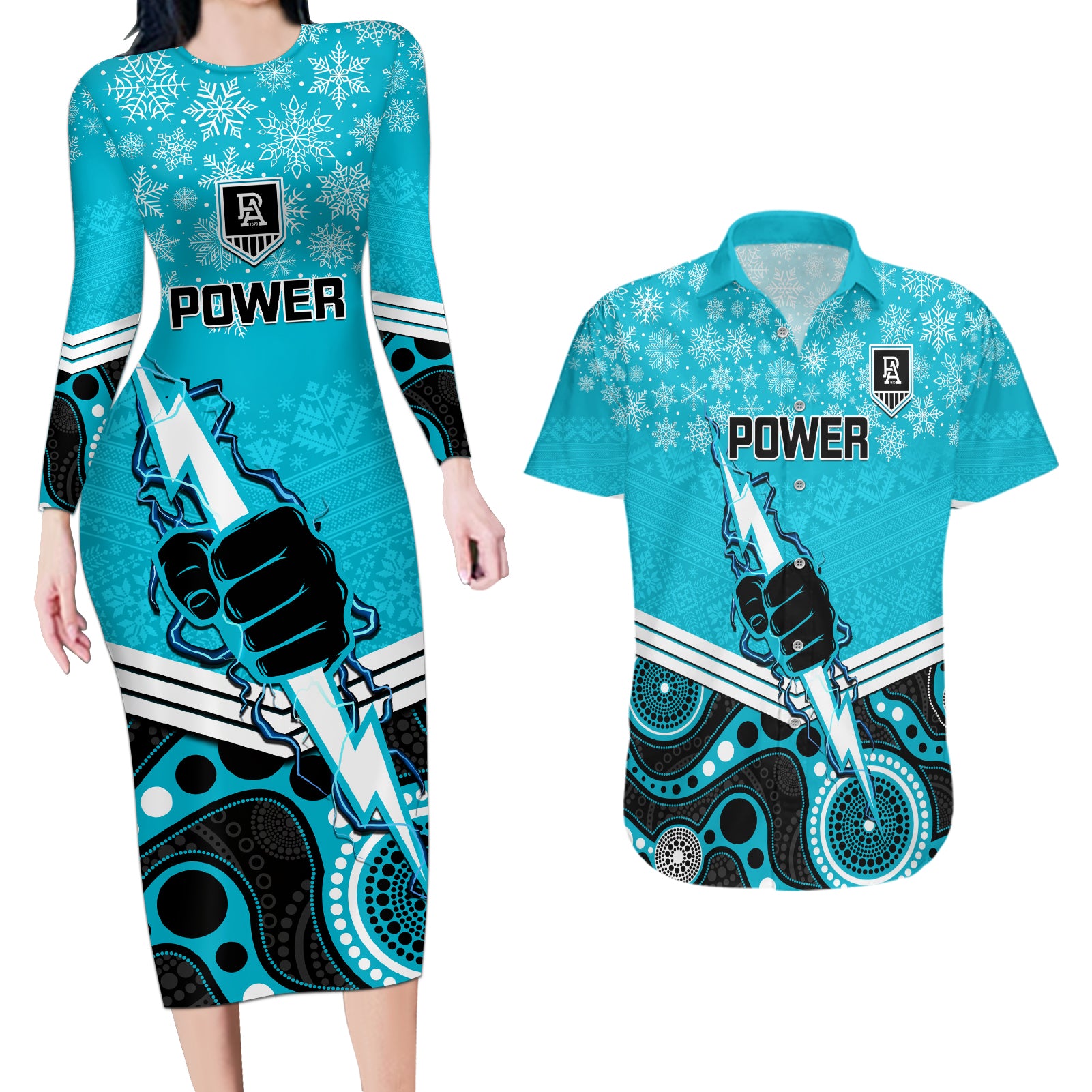 custom-port-adelaide-football-christmas-couples-matching-long-sleeve-bodycon-dress-and-hawaiian-shirt-merry-xmas-2023-mix-aboriginal-art