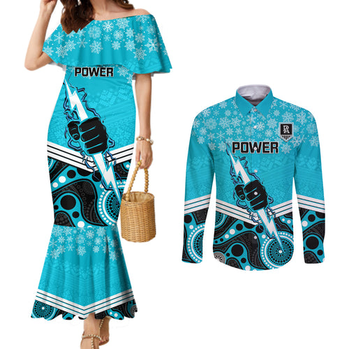 custom-port-adelaide-football-christmas-couples-matching-mermaid-dress-and-long-sleeve-button-shirt-merry-xmas-2023-mix-aboriginal-art