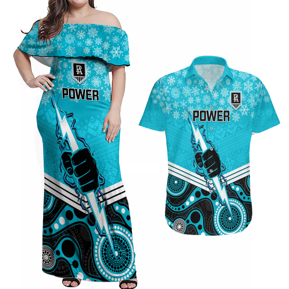 custom-port-adelaide-football-christmas-couples-matching-off-shoulder-maxi-dress-and-hawaiian-shirt-merry-xmas-2023-mix-aboriginal-art