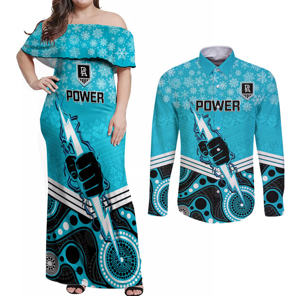 custom-port-adelaide-football-christmas-couples-matching-off-shoulder-maxi-dress-and-long-sleeve-button-shirt-merry-xmas-2023-mix-aboriginal-art