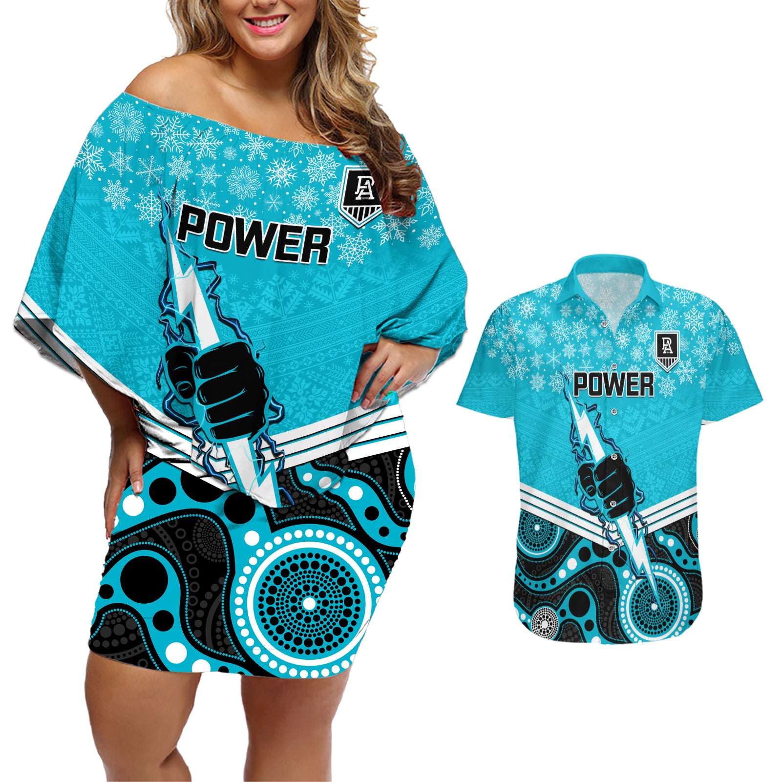 custom-port-adelaide-football-christmas-couples-matching-off-shoulder-short-dress-and-hawaiian-shirt-merry-xmas-2023-mix-aboriginal-art