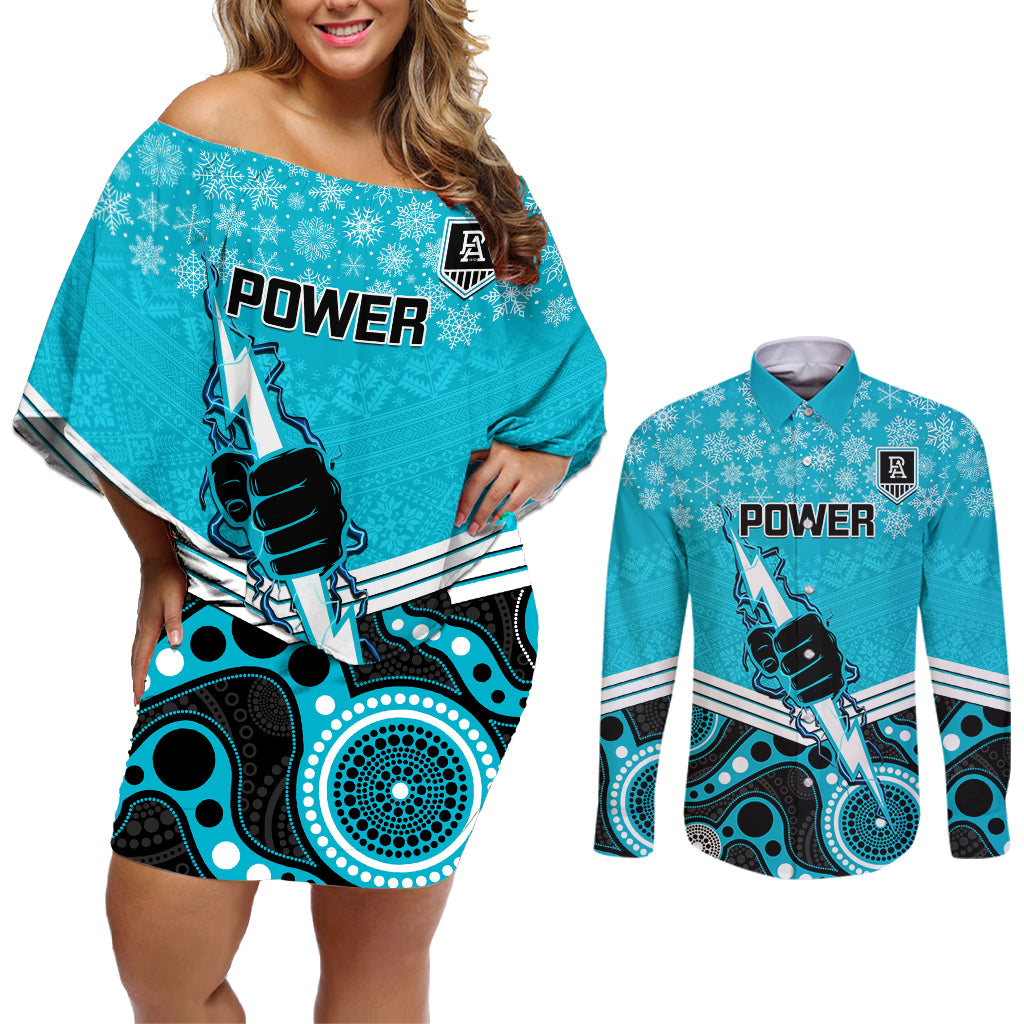 custom-port-adelaide-football-christmas-couples-matching-off-shoulder-short-dress-and-long-sleeve-button-shirt-merry-xmas-2023-mix-aboriginal-art