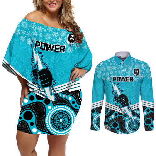 custom-port-adelaide-football-christmas-couples-matching-off-shoulder-short-dress-and-long-sleeve-button-shirt-merry-xmas-2023-mix-aboriginal-art