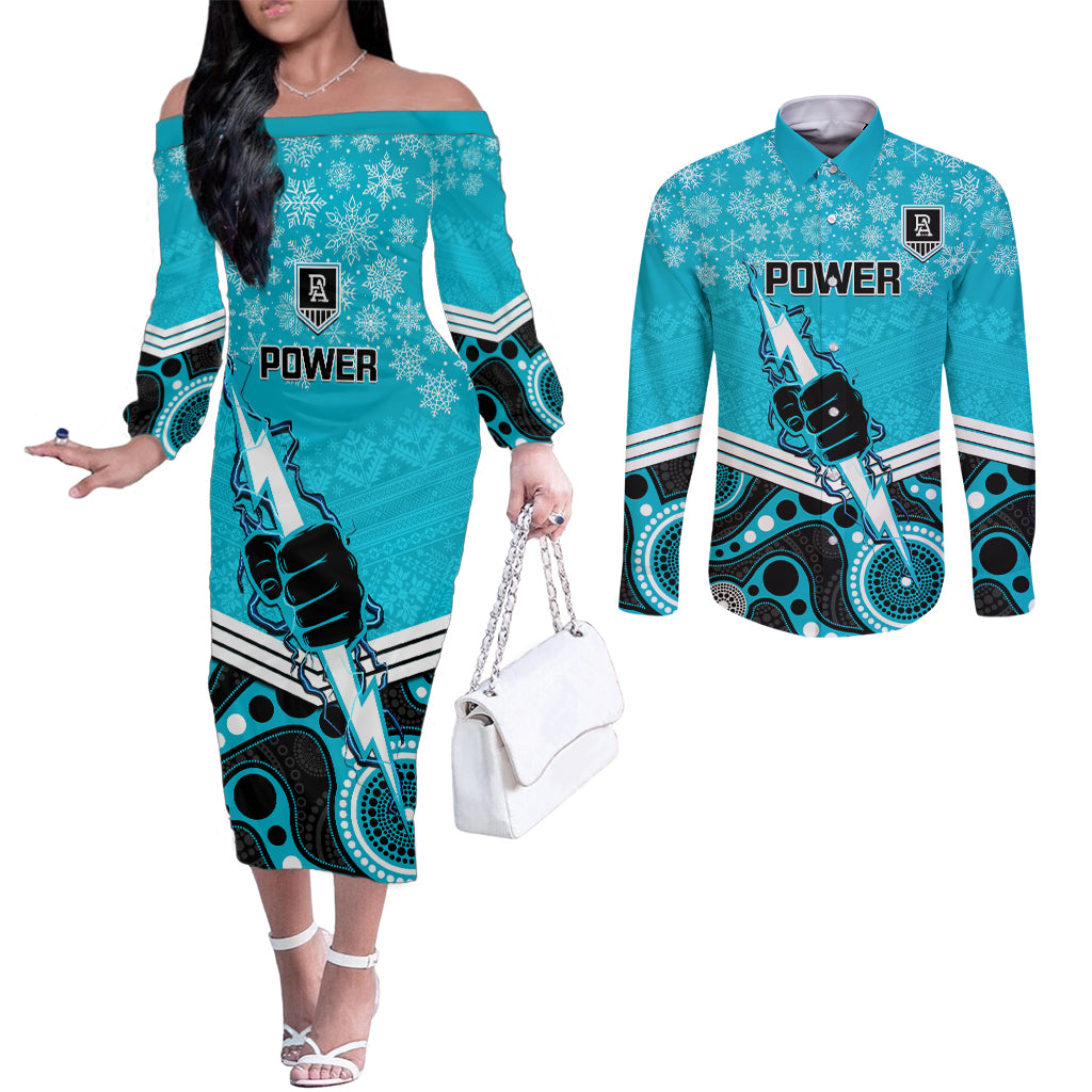 custom-port-adelaide-football-christmas-couples-matching-off-the-shoulder-long-sleeve-dress-and-long-sleeve-button-shirt-merry-xmas-2023-mix-aboriginal-art