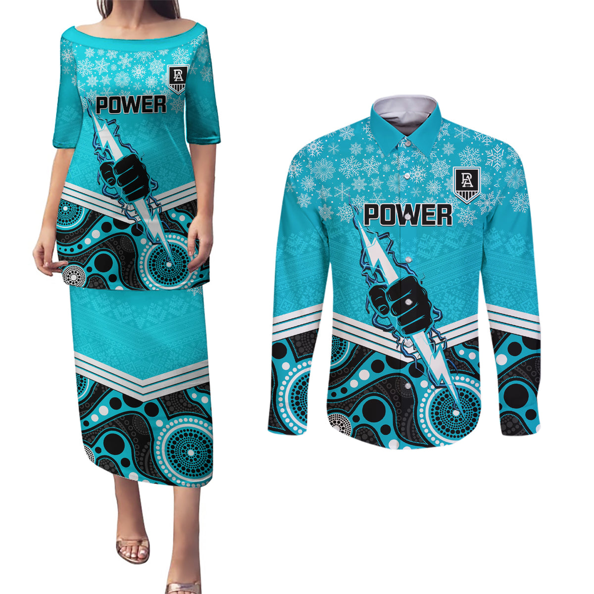custom-port-adelaide-football-christmas-couples-matching-puletasi-dress-and-long-sleeve-button-shirt-merry-xmas-2023-mix-aboriginal-art