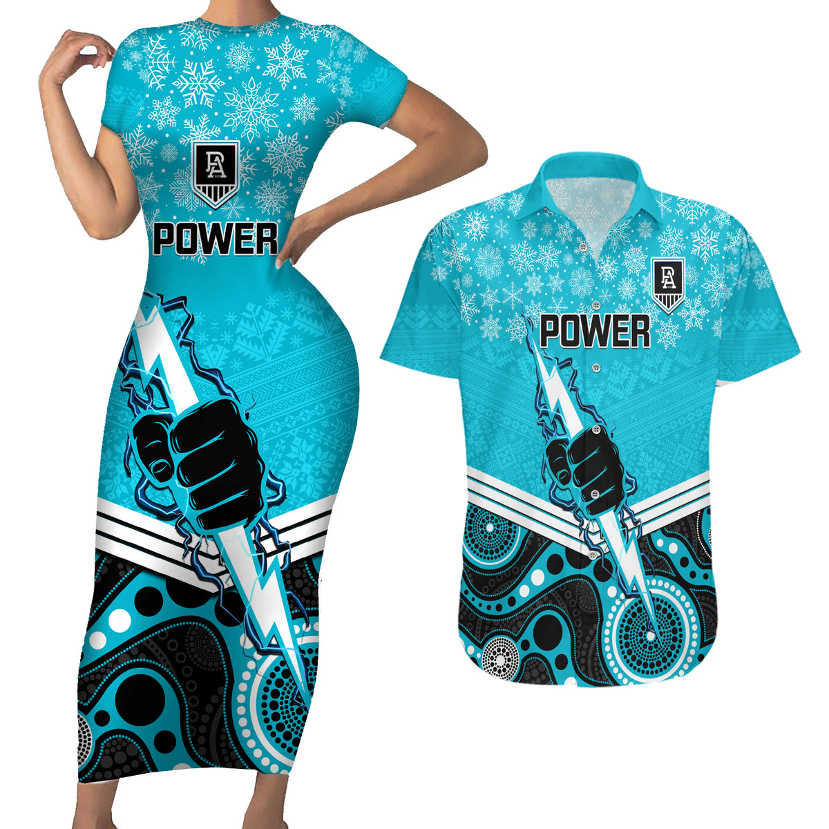 custom-port-adelaide-football-christmas-couples-matching-short-sleeve-bodycon-dress-and-hawaiian-shirt-merry-xmas-2023-mix-aboriginal-art
